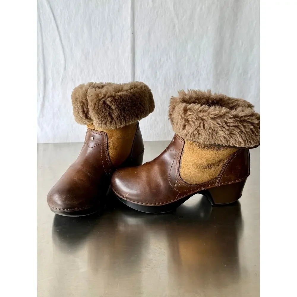 Dansko Brown Leather Shearling Foldable Cuff Clog Fur Boots EU 37/US 6.5-7